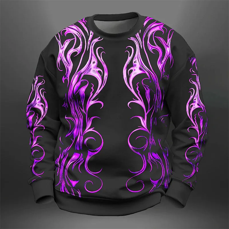 3D Graphic Totem Men's Designer Golf Pullover Sweatshirt - Blue & Purple Crew Neck Spring & Fall Hoodie