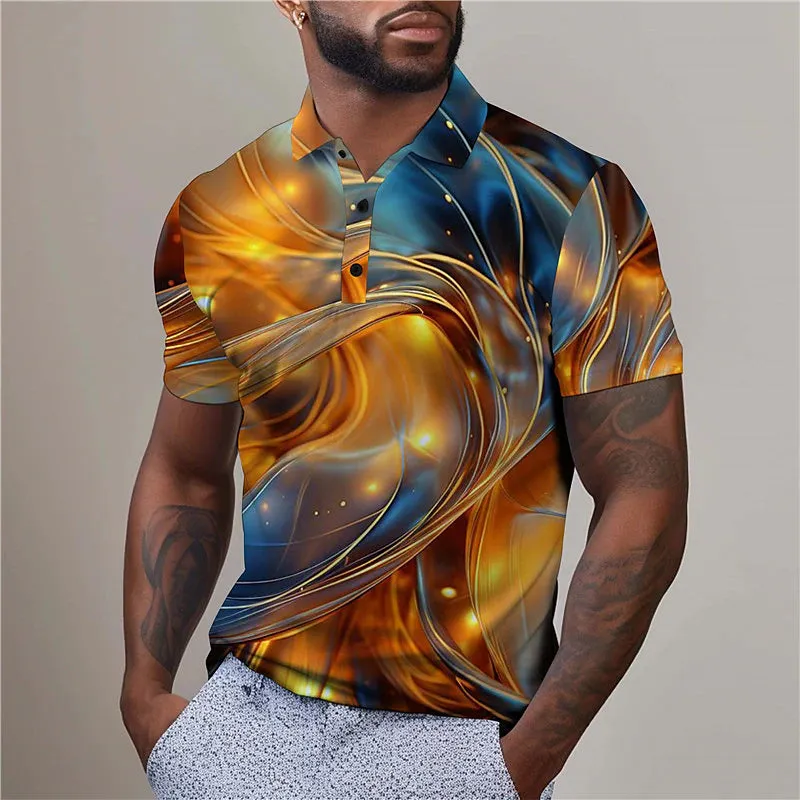 3D Illusion Men's Abstract Print Golf Polo Shirt - Yellow/Red Summer Streetwear - S M L - Micro-Elastic Lapel Design