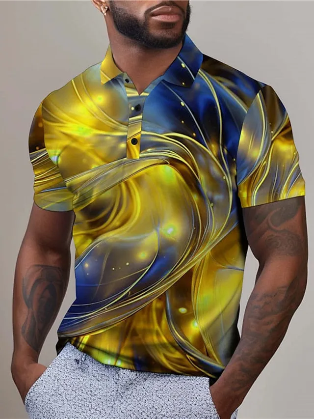 3D Illusion Men's Abstract Print Golf Polo Shirt - Yellow/Red Summer Streetwear - S M L - Micro-Elastic Lapel Design