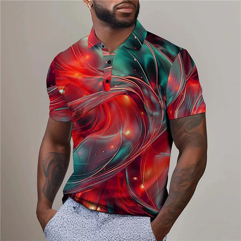 3D Illusion Men's Abstract Print Golf Polo Shirt - Yellow/Red Summer Streetwear - S M L - Micro-Elastic Lapel Design