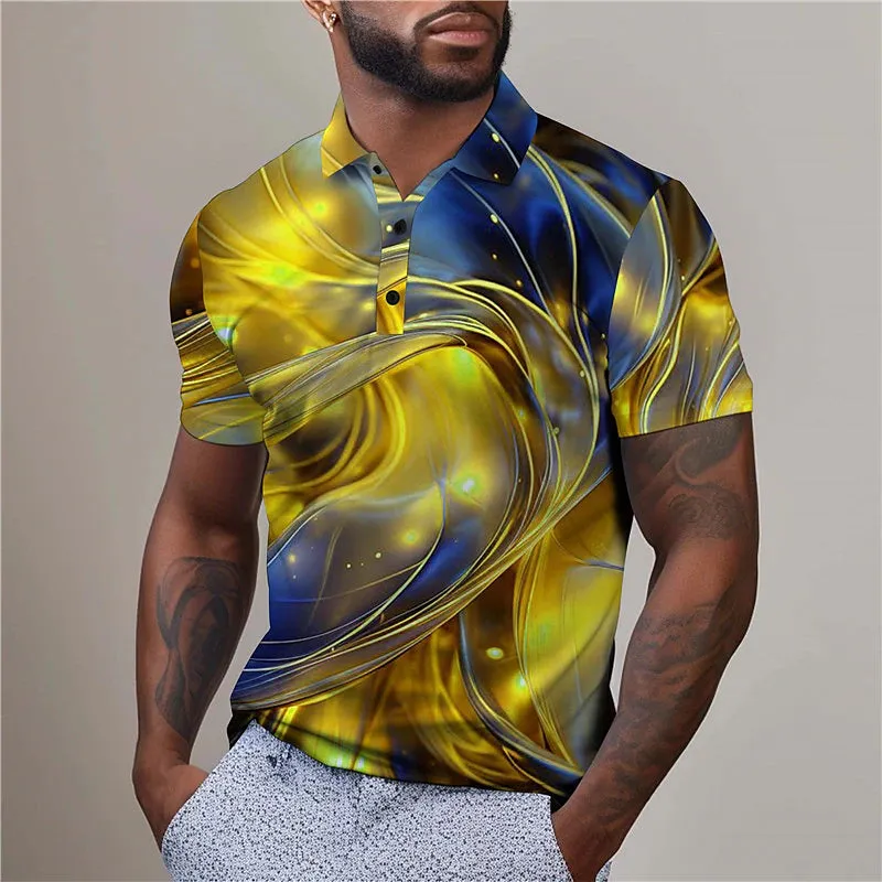 3D Illusion Men's Abstract Print Golf Polo Shirt - Yellow/Red Summer Streetwear - S M L - Micro-Elastic Lapel Design