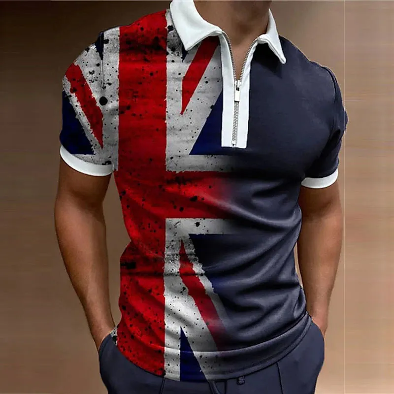 3D National Flag Men's Polo Shirt with Zipper Detail