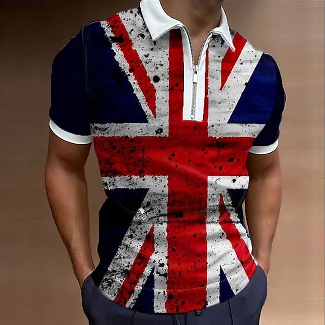 3D National Flag Men's Polo Shirt with Zipper Detail