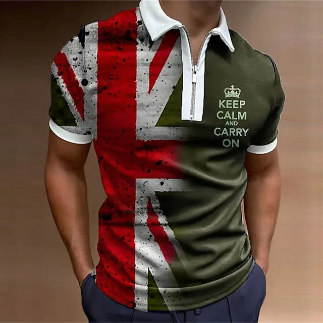 3D National Flag Men's Polo Shirt with Zipper Detail