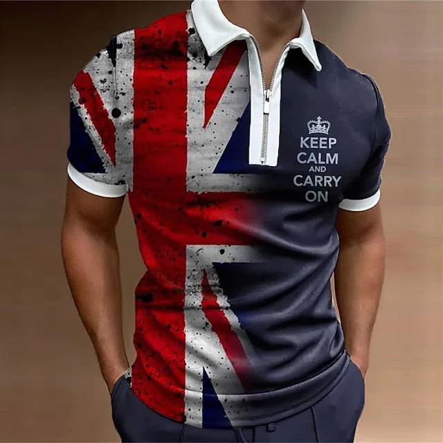 3D National Flag Men's Polo Shirt with Zipper Detail