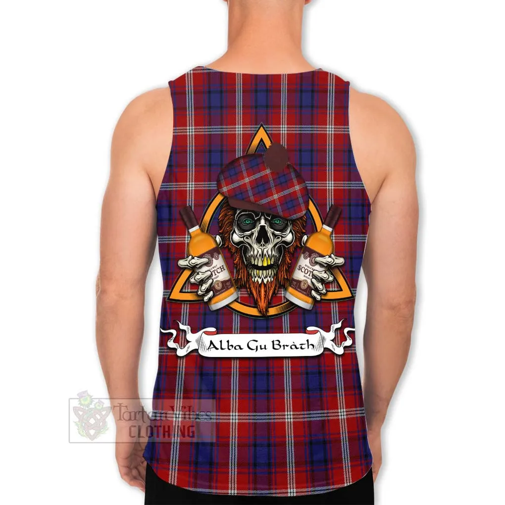 Ainslie Tartan Men's Tank Top with Family Crest and Bearded Skull Holding Bottles of Whiskey