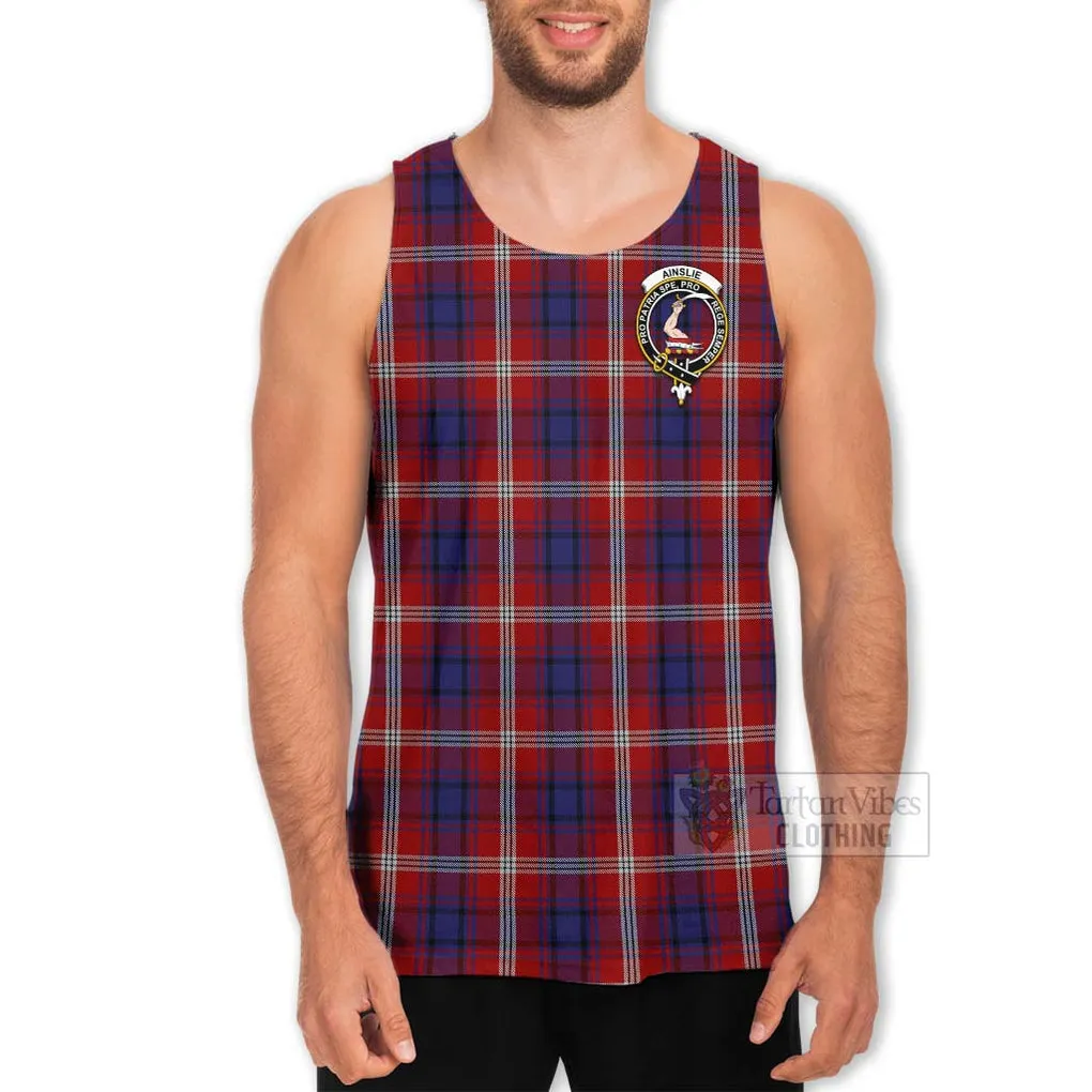 Ainslie Tartan Men's Tank Top with Family Crest and Bearded Skull Holding Bottles of Whiskey