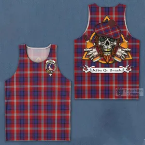 Ainslie Tartan Men's Tank Top with Family Crest and Bearded Skull Holding Bottles of Whiskey