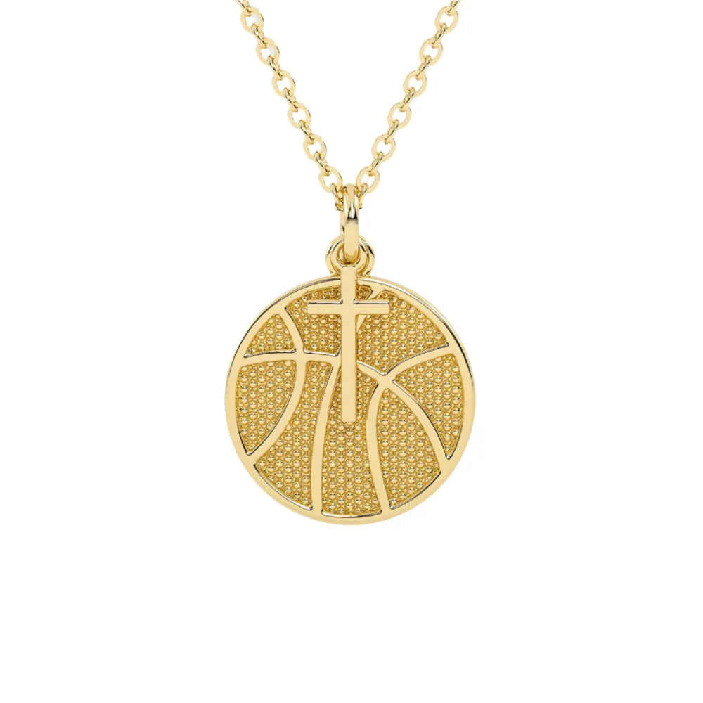 Basketball Necklace w/ Dangle Cross Pendant | Gold