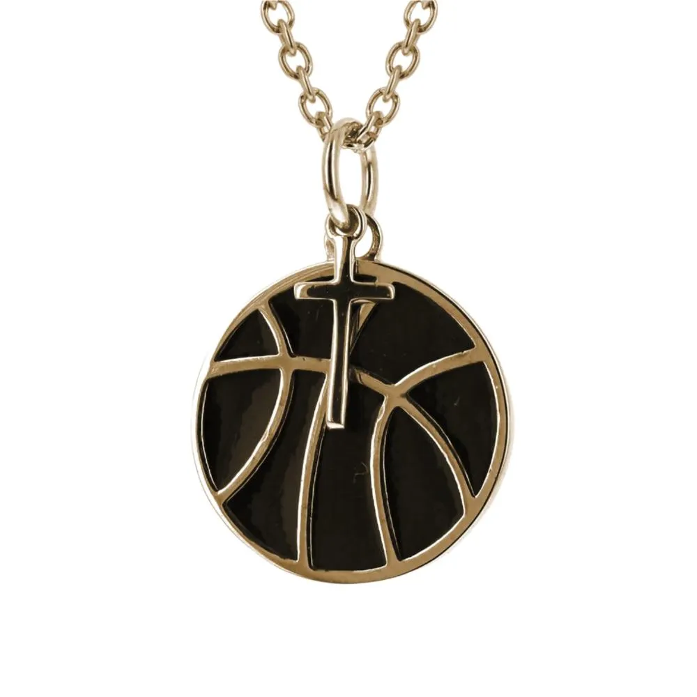 Black Basketball Necklace w/ Dangle Cross Pendant | Gold