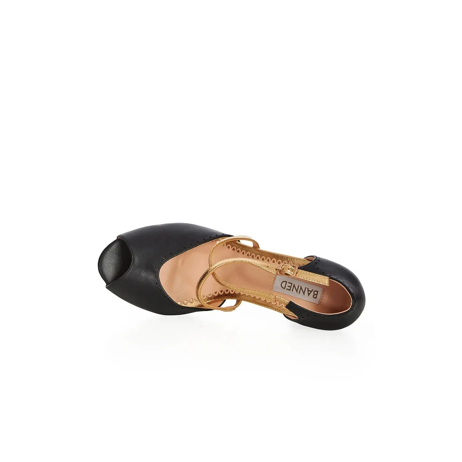 Black Peep Toe Dance Shoes With Gold Crossover Strap Detail