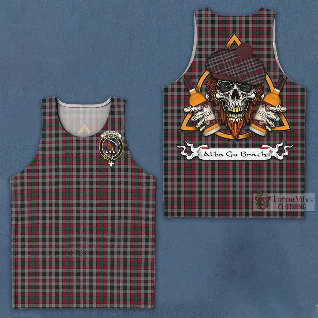 Borthwick Tartan Men's Tank Top with Family Crest and Bearded Skull Holding Bottles of Whiskey