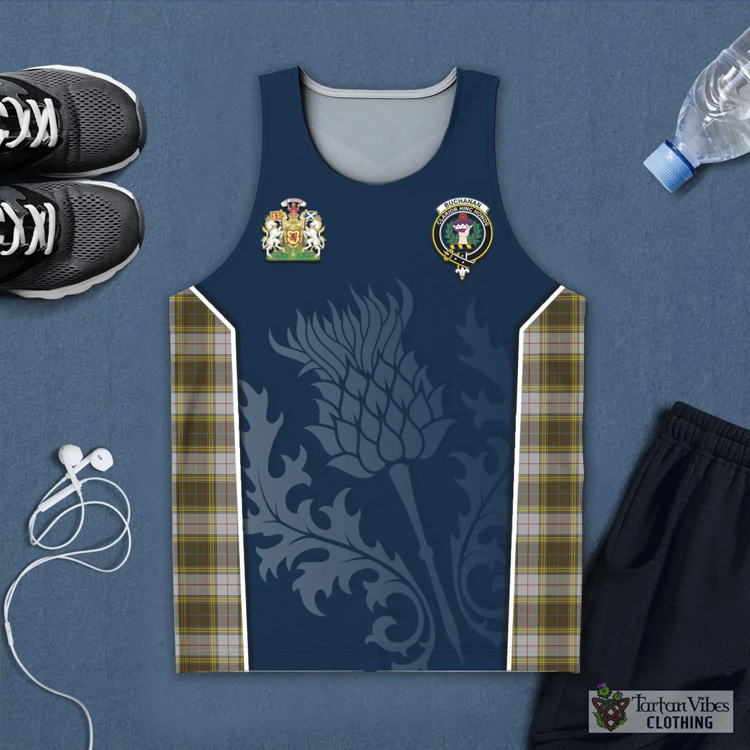 Buchanan Dress Tartan Men's Tanks Top with Family Crest and Scottish Thistle Vibes Sport Style