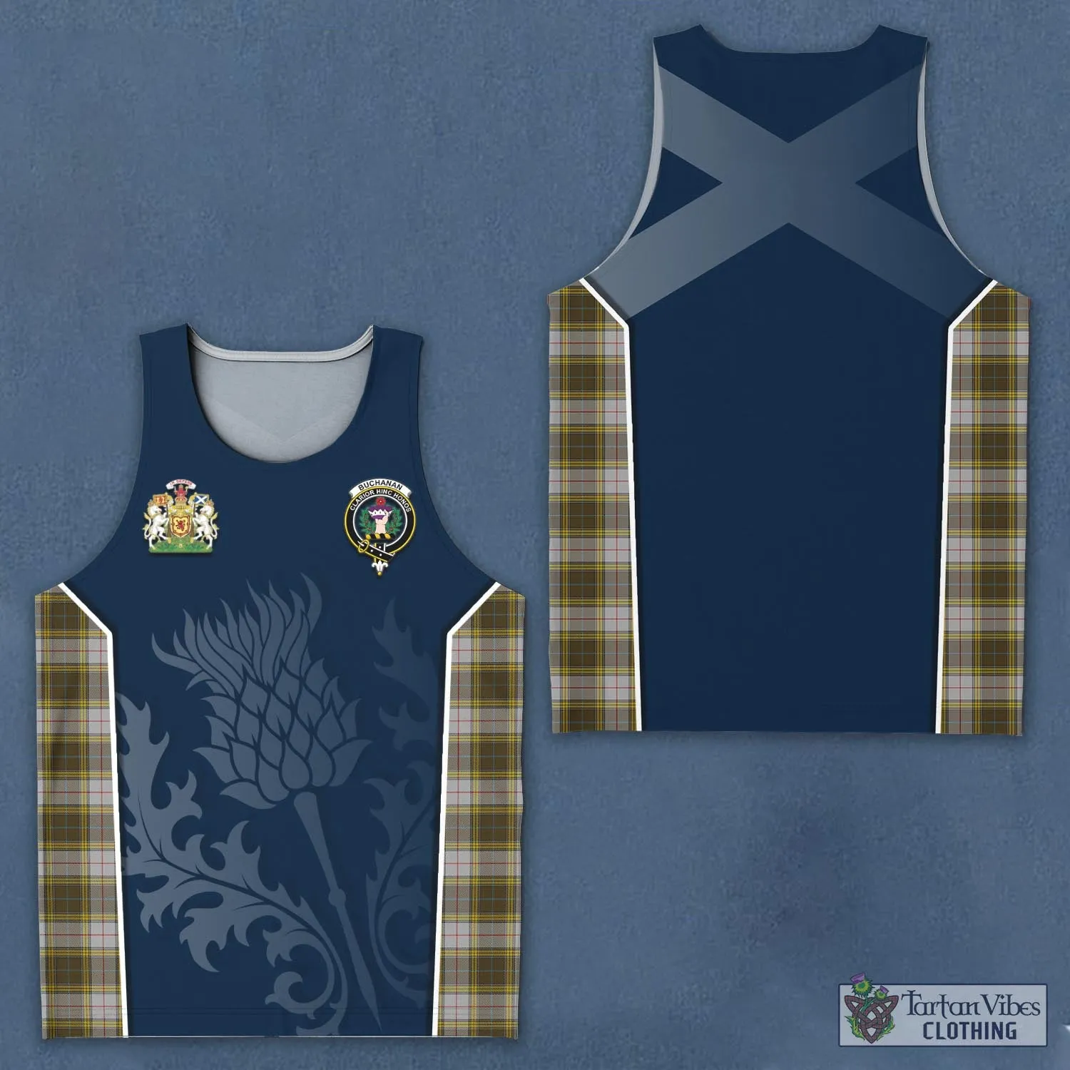 Buchanan Dress Tartan Men's Tanks Top with Family Crest and Scottish Thistle Vibes Sport Style