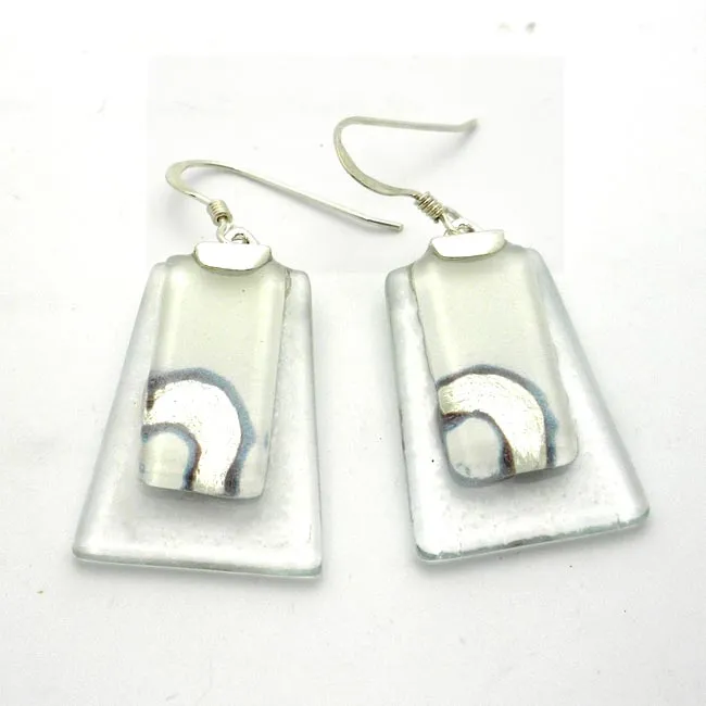 Celestial White Stacked Glass Trapezoid Sterling Silver Earrings