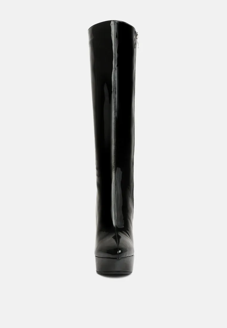 CHATTON Black Patent Stiletto High Heeled Calf Boots