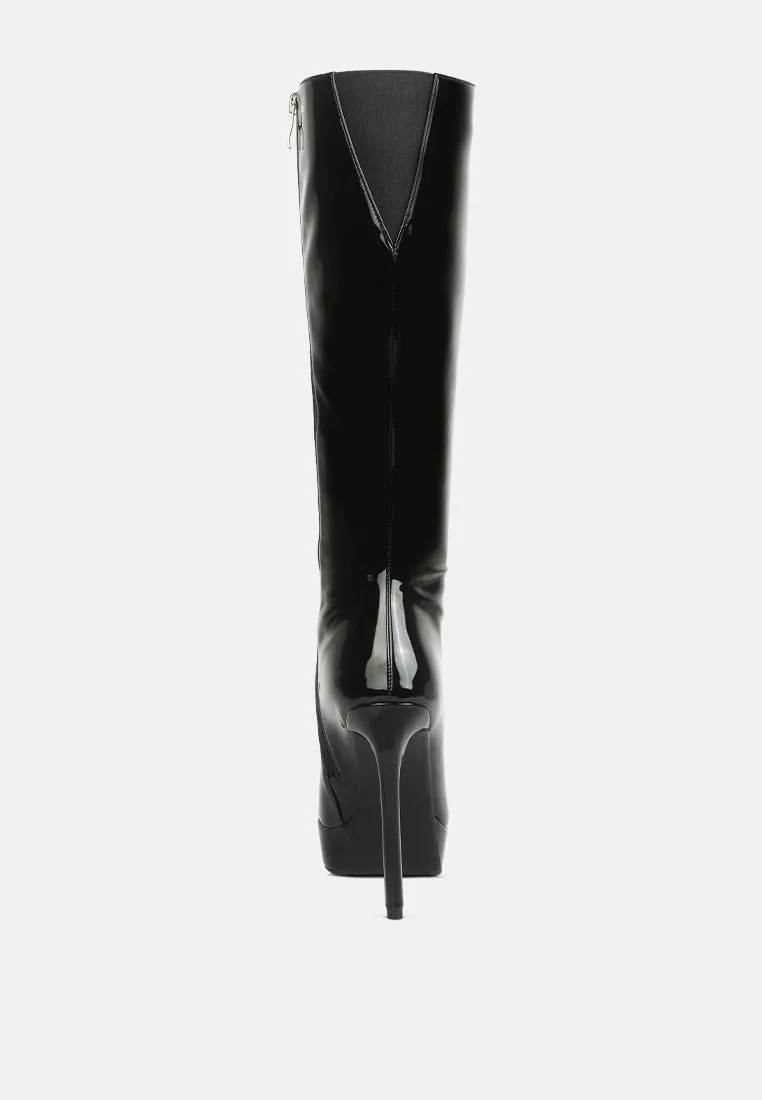 CHATTON Black Patent Stiletto High Heeled Calf Boots