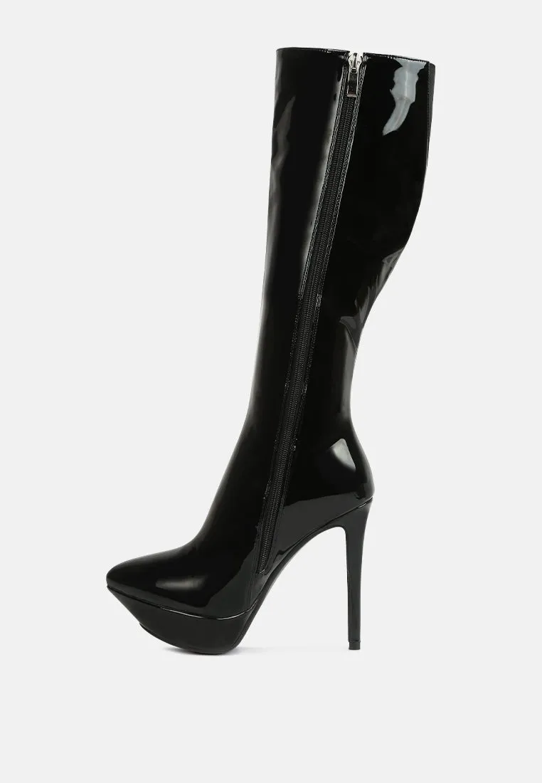 CHATTON Black Patent Stiletto High Heeled Calf Boots