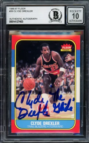 Clyde Drexler Autographed 1986-87 Fleer Rookie Card #26 Portland Trail Blazers Auto Grade Gem Mint 10 "The Glide" Beckett BAS #14127403