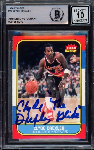 Clyde Drexler Autographed 1986-87 Fleer Rookie Card #26 Portland Trail Blazers Auto Grade Gem Mint 10 "The Glide" Beckett BAS #15531279