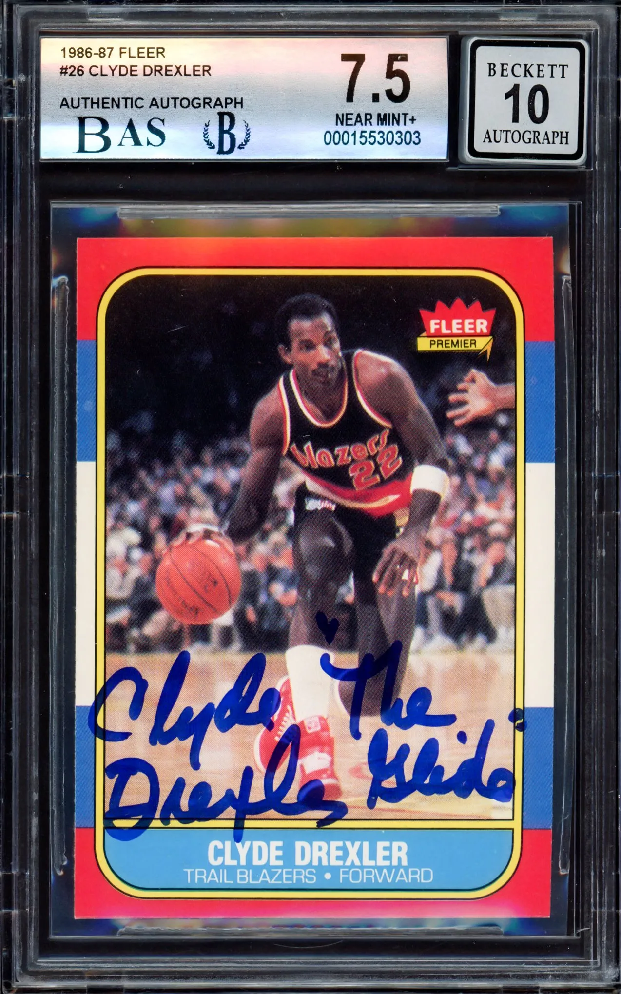 Clyde Drexler Autographed 1986-87 Fleer Rookie Card #26 Portland Trail Blazers BGS 7.5 Auto Grade Gem Mint 10 "The Glide" Beckett BAS #15530303