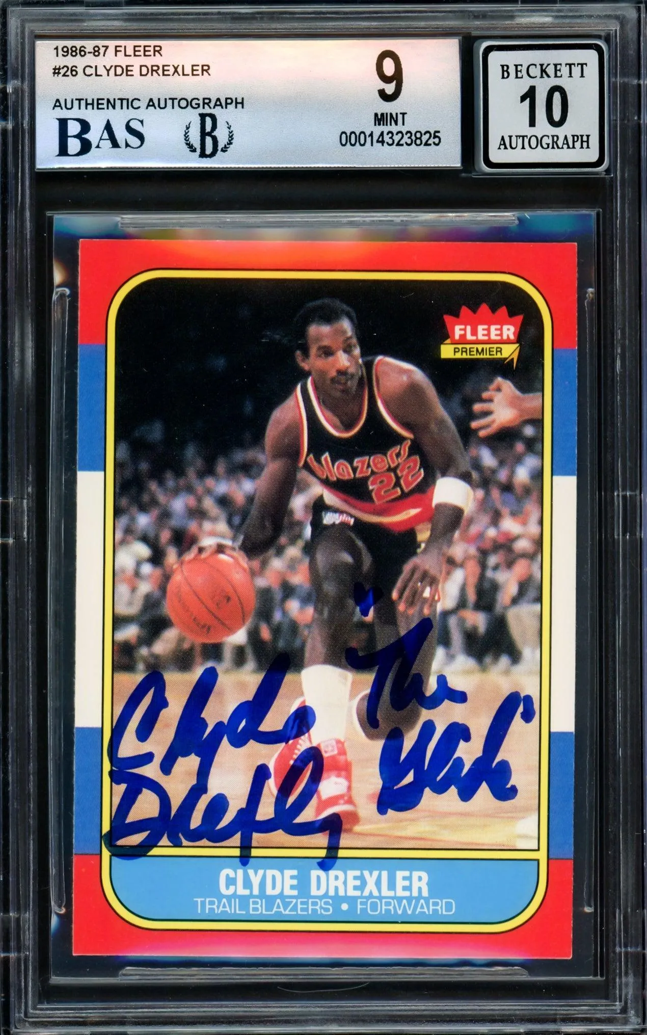 Clyde Drexler Autographed 1986-87 Fleer Rookie Card #26 Portland Trail Blazers BGS 9 Auto Grade Gem Mint 10 Beckett BAS #14323825