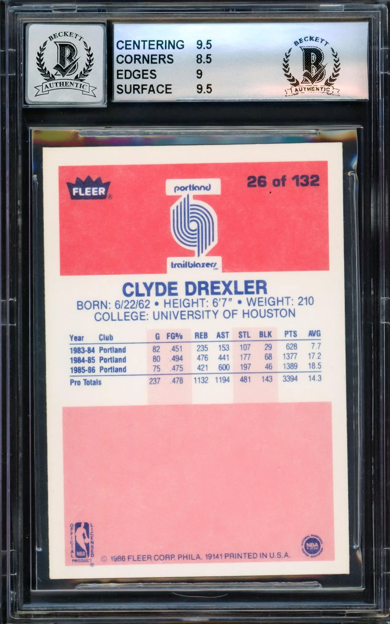 Clyde Drexler Autographed 1986-87 Fleer Rookie Card #26 Portland Trail Blazers BGS 9 Auto Grade Gem Mint 10 Beckett BAS #14323825