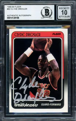 Clyde Drexler Autographed 1988-89 Fleer Card #92 Portland Trail Blazers Auto Grade Gem Mint 10 Beckett BAS Stock #205734