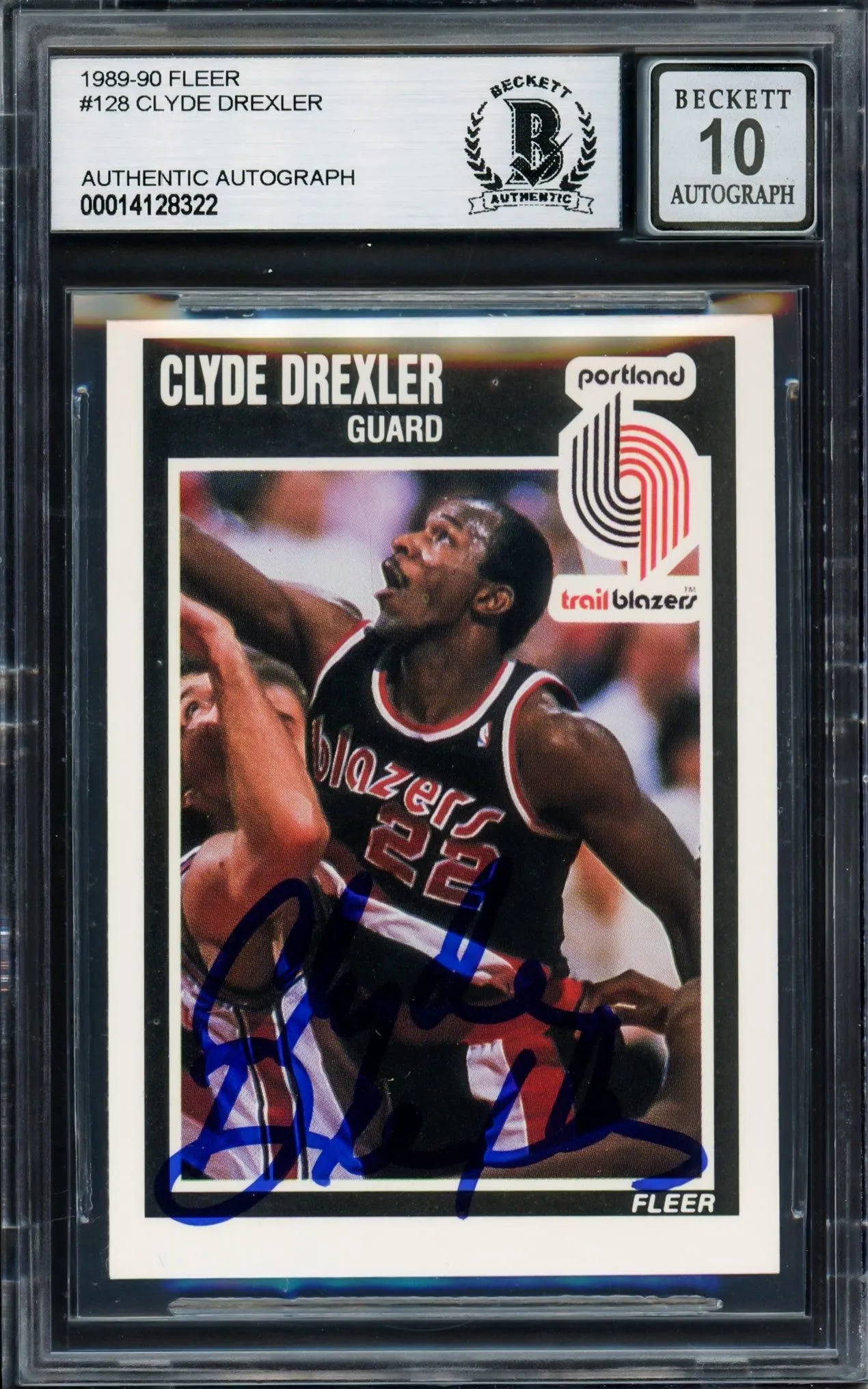 Clyde Drexler Autographed 1989-90 Fleer Card #128 Portland Trail Blazers Auto Grade Gem Mint 10 Beckett BAS #14128322