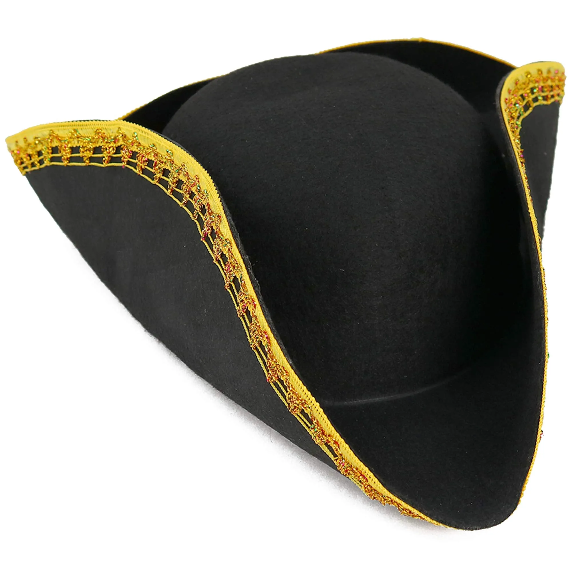 Colonial Black Tricorn Hat - Revolutionary War Costume Tricorner Deluxe Hat with Gold Trimming