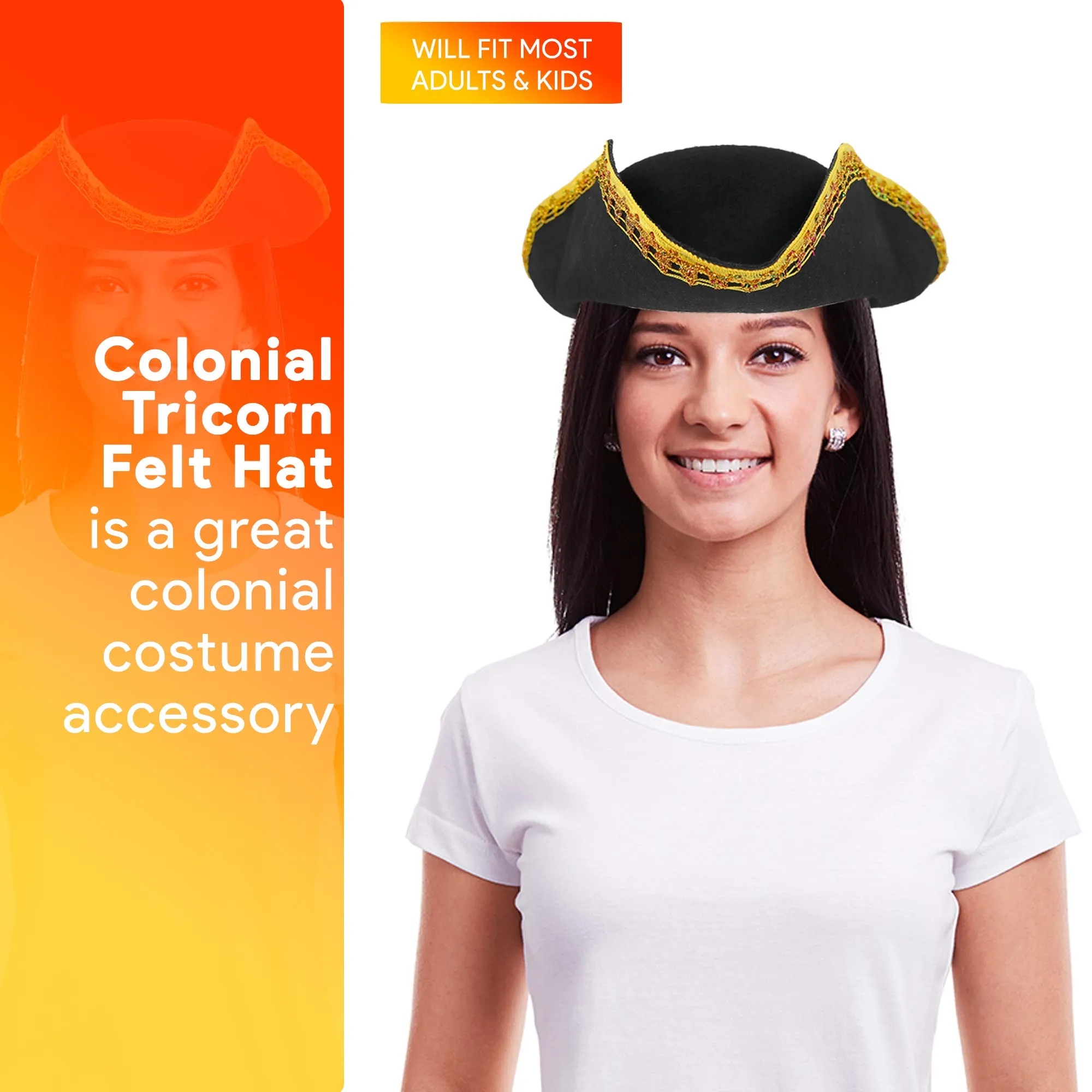 Colonial Black Tricorn Hat - Revolutionary War Costume Tricorner Deluxe Hat with Gold Trimming