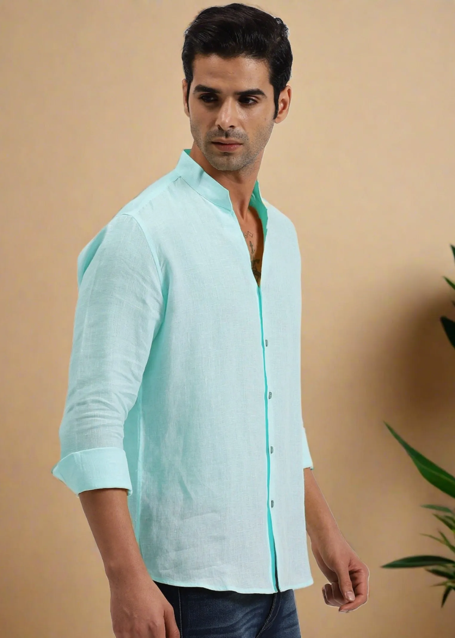 Craig - Pure Linen V Neck Full Sleeve Shirt - Cyan Blue