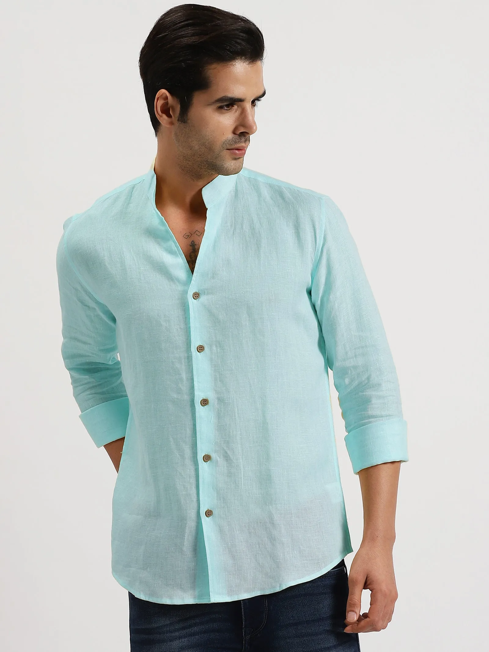 Craig - Pure Linen V Neck Full Sleeve Shirt - Cyan Blue