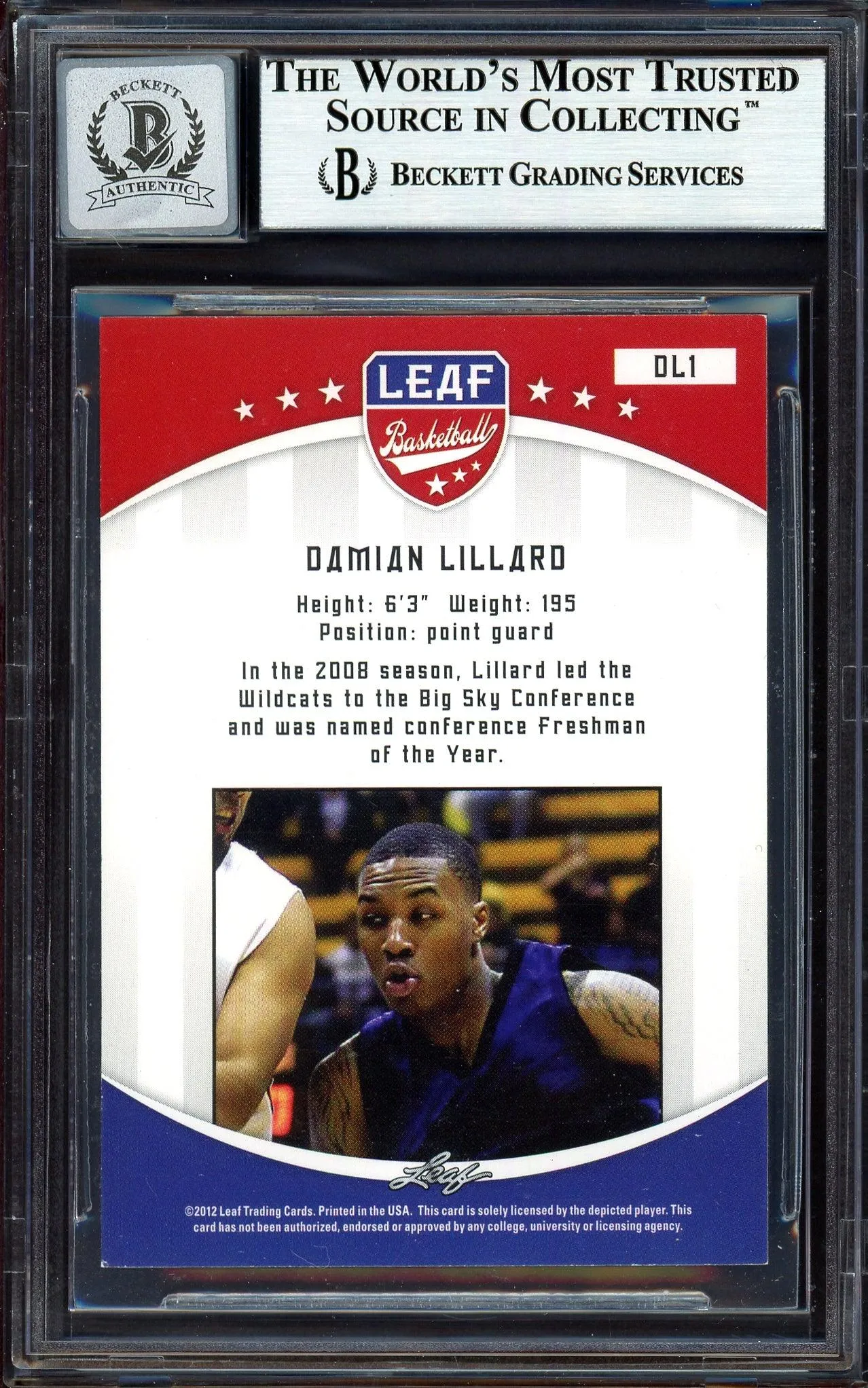 Damian Lillard Autographed 2012-13 Leaf Rookie Card #DL1 Portland Trail Blazers Auto Grade Gem Mint 10 Beckett BAS #13605442