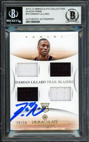 Damian Lillard Autographed 2012-13 Panini Immaculate Quad Patch Rookie Card #18 Portland Trail Blazers #20/50 Beckett BAS #13609394