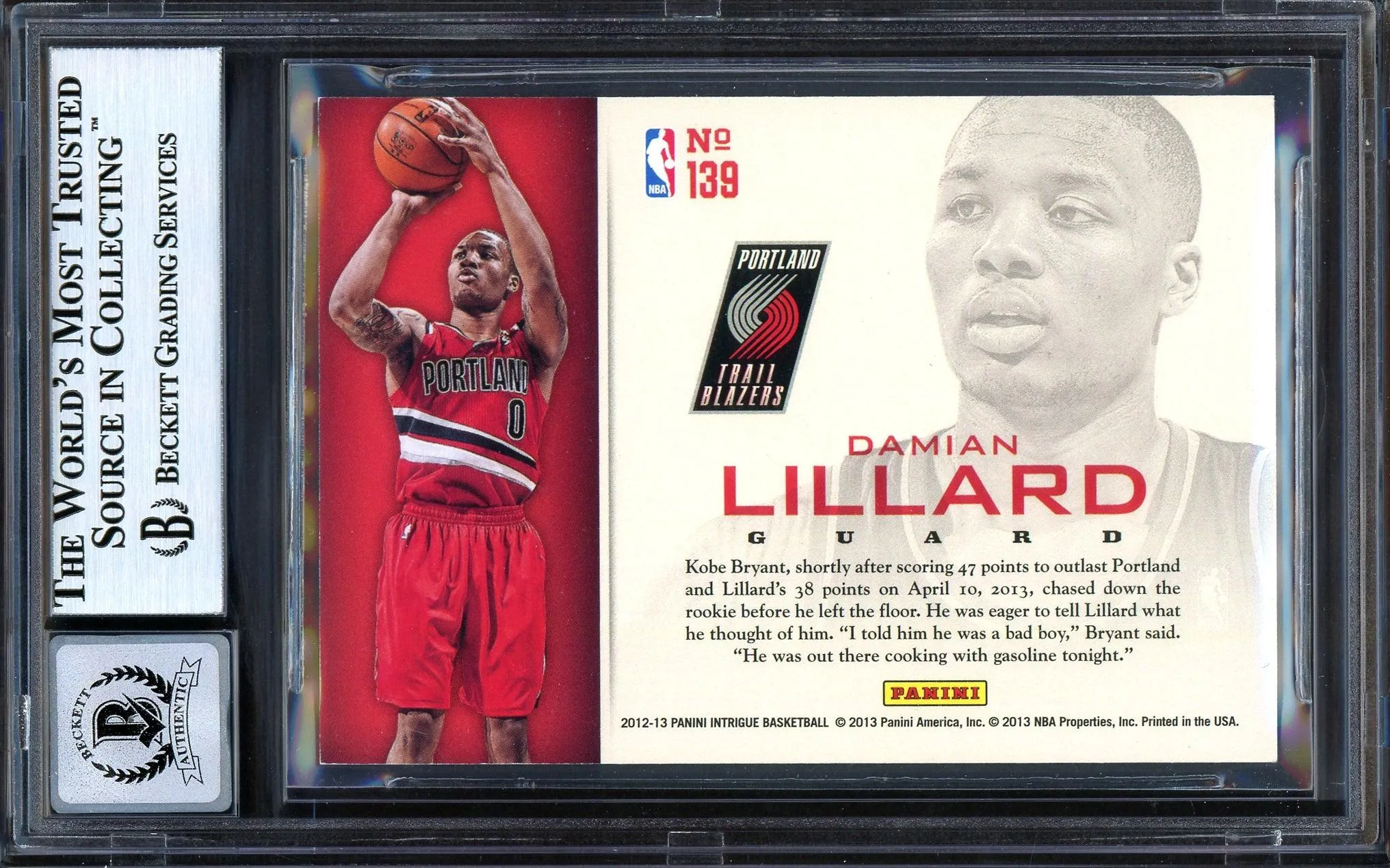 Damian Lillard Autographed 2012-13 Panini Intrigue Rookie Card #139 Portland Trail Blazers Auto Grade Gem Mint 10 Beckett BAS #13605411