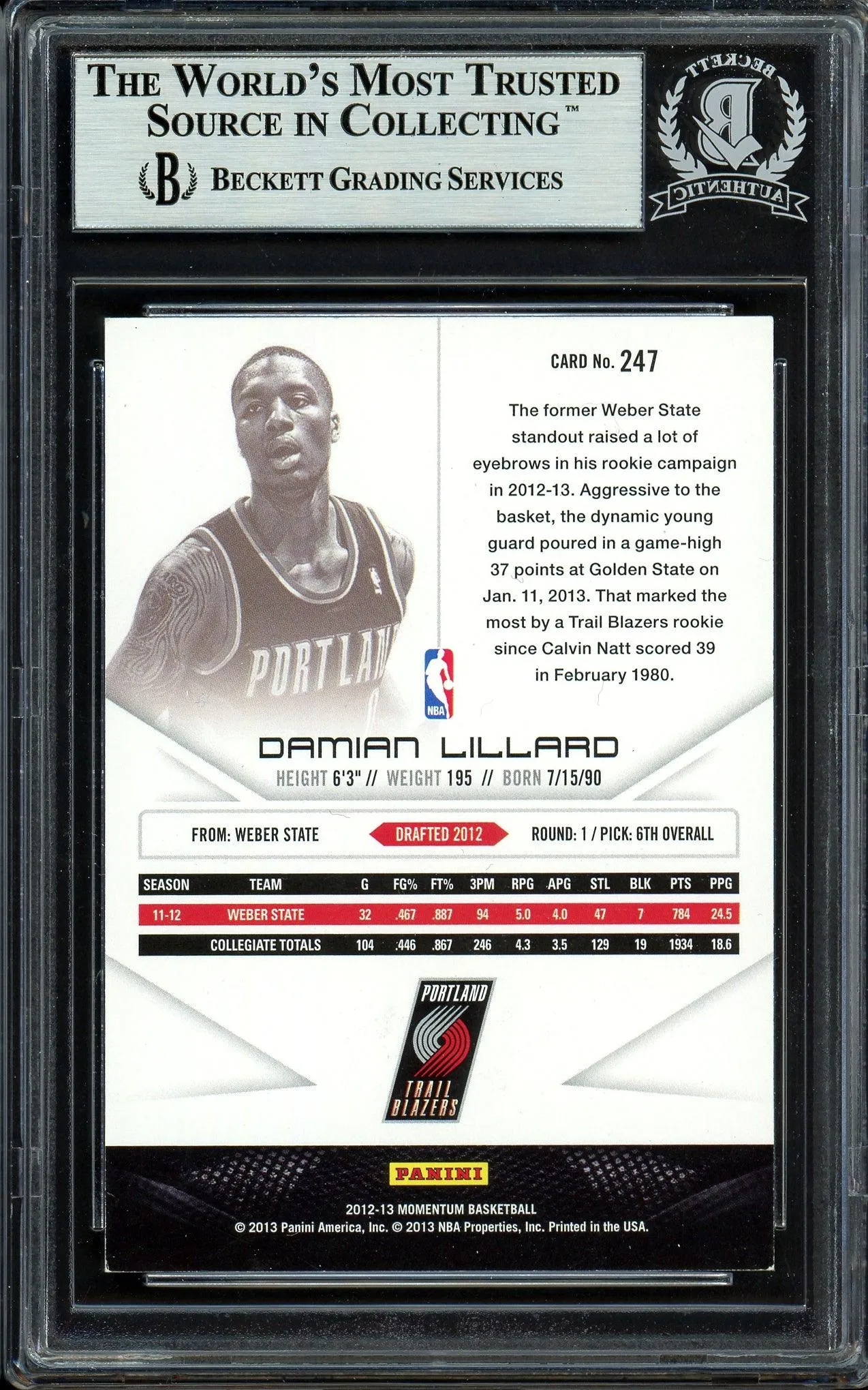 Damian Lillard Autographed 2012-13 Panini Momentum Rookie Card #247 Portland Trail Blazers Beckett BAS #13609503