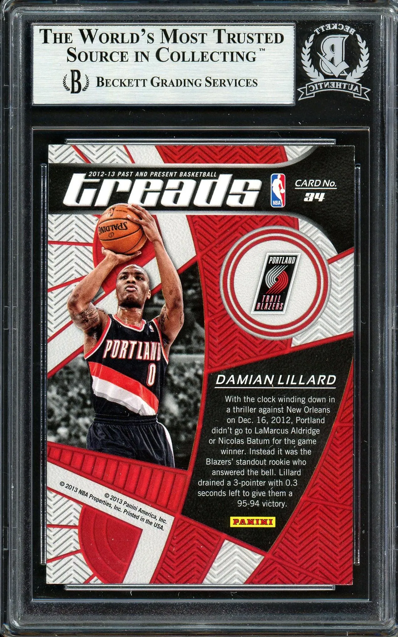 Damian Lillard Autographed 2012-13 Panini Past & Present Rookie Card #34 Portland Trail Blazers Beckett BAS #13609501