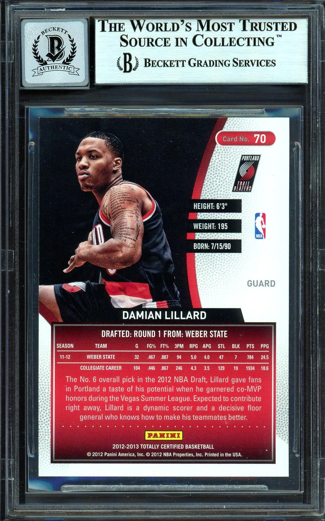 Damian Lillard Autographed 2012-13 Panini Totally Certified Rookie Card #70 Portland Trail Blazers Auto Grade Gem Mint 10 Beckett BAS #13605415