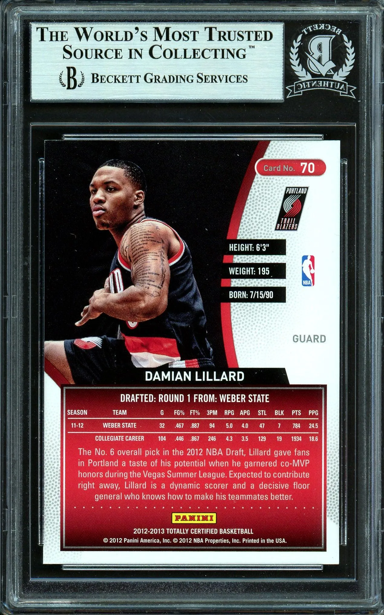 Damian Lillard Autographed 2012-13 Panini Totally Certified Rookie Card #70 Portland Trail Blazers Beckett BAS #13609496