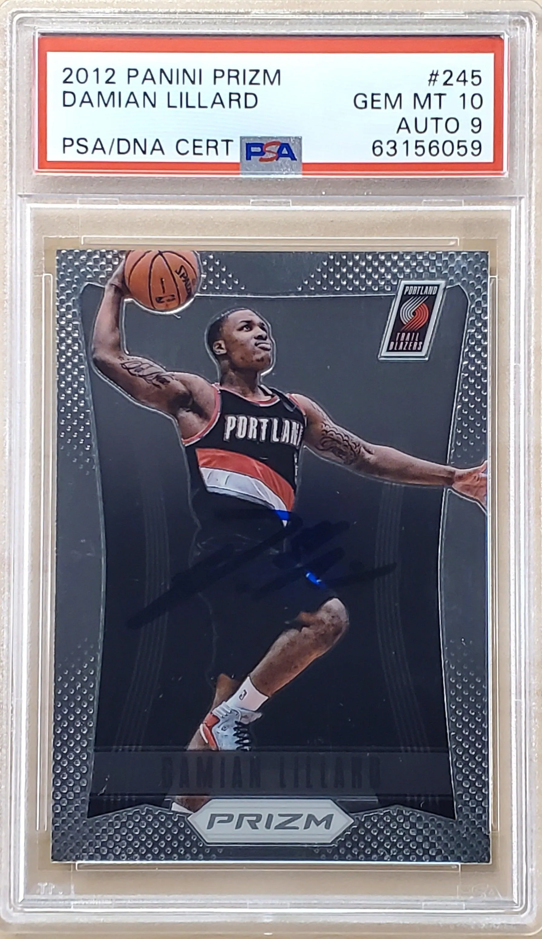 Damian Lillard Autographed 2012 Panini Prizm Rookie Card #245 Portland Trail Blazers PSA 10 Auto Grade Mint 9 On Card PSA/DNA #63156059