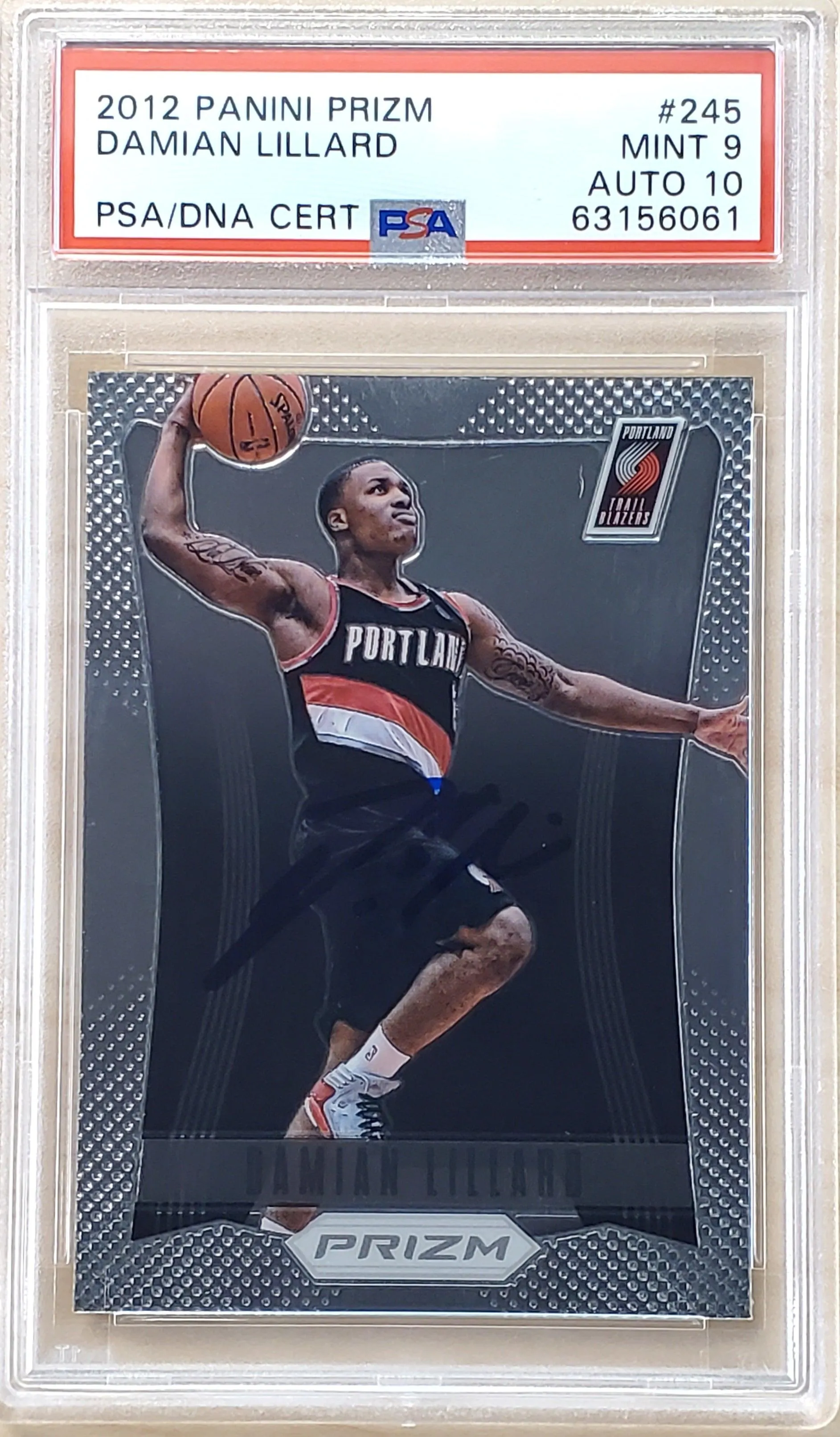 Damian Lillard Autographed 2012 Panini Prizm Rookie Card #245 Portland Trail Blazers PSA 9 Auto Grade Gem Mint 10 On Card PSA/DNA #63156061