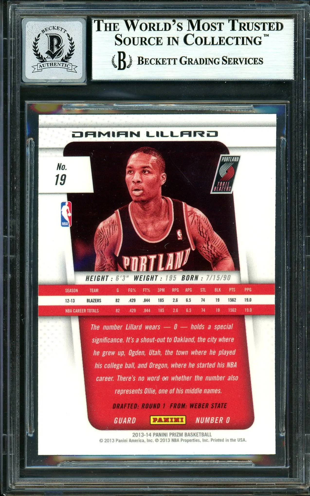 Damian Lillard Autographed 2013-14 Panini Prizm Card #19 Portland Trail Blazers Auto Grade Gem Mint 10 Beckett BAS Stock #199600