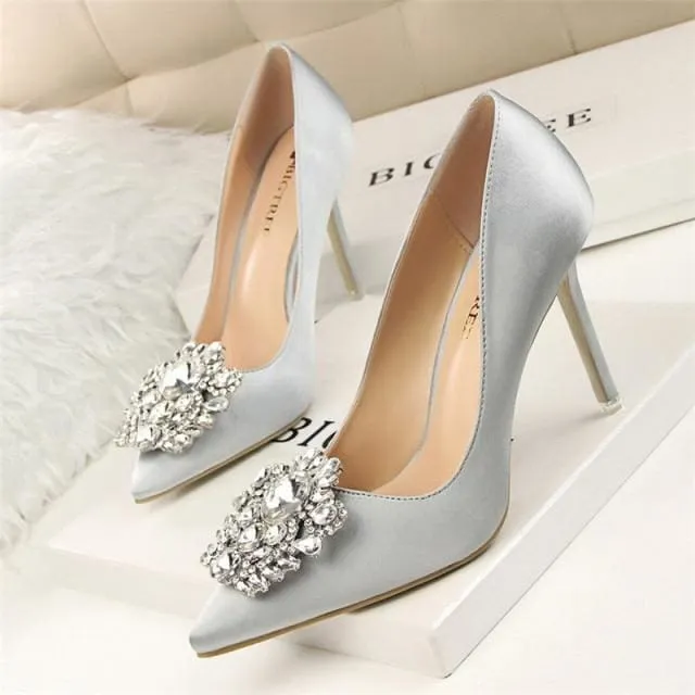 Faux Silk Satin Rhinestone Crystal Shallow Women High Heels