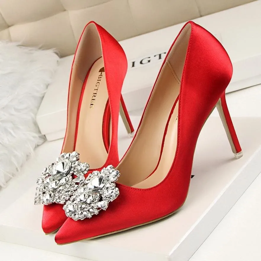 Faux Silk Satin Rhinestone Crystal Shallow Women High Heels