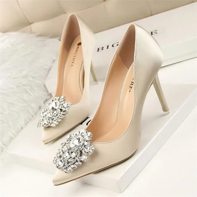 Faux Silk Satin Rhinestone Crystal Shallow Women High Heels