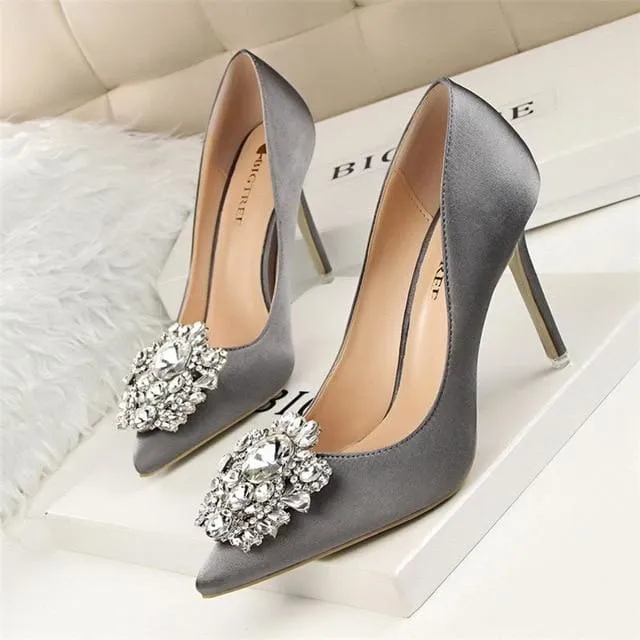 Faux Silk Satin Rhinestone Crystal Shallow Women High Heels