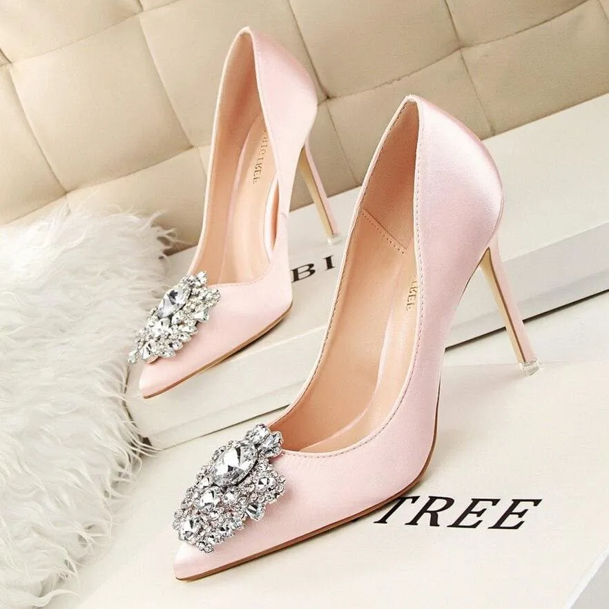 Faux Silk Satin Rhinestone Crystal Shallow Women High Heels