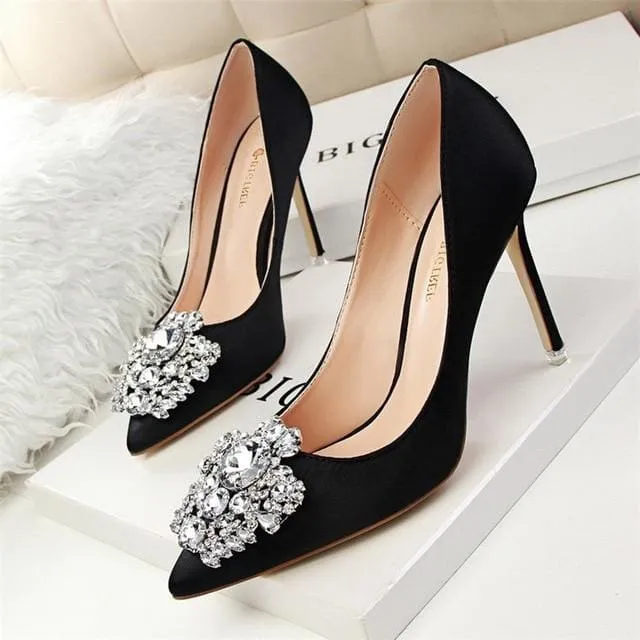 Faux Silk Satin Rhinestone Crystal Shallow Women High Heels