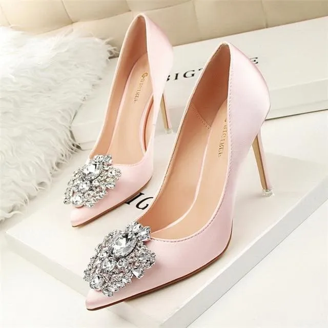 Faux Silk Satin Rhinestone Crystal Shallow Women High Heels